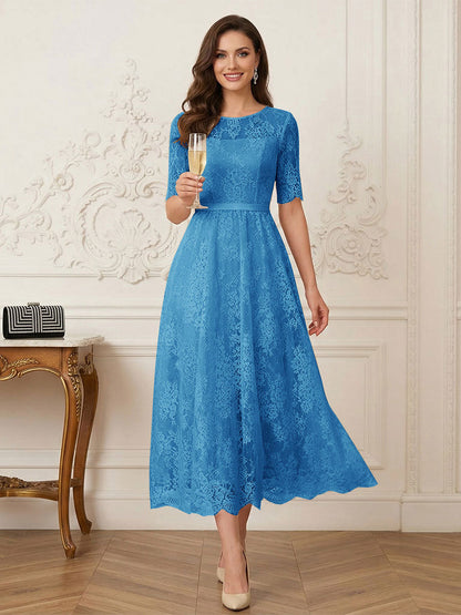 Robe Mère de la Mariée Ligne A Encolure Illusion Manches Mi-longues Longueur Thé avec Appliques & Ceinture