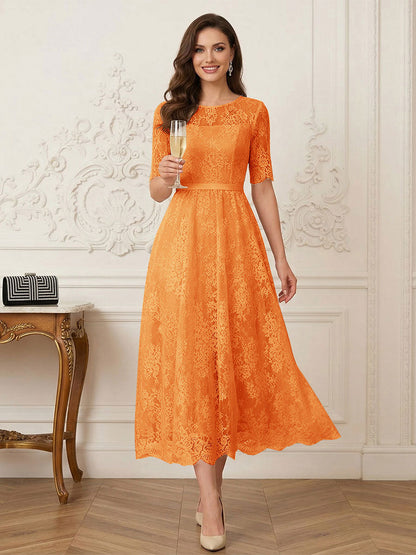 Robe Mère de la Mariée Ligne A Encolure Illusion Manches Mi-longues Longueur Thé avec Appliques & Ceinture