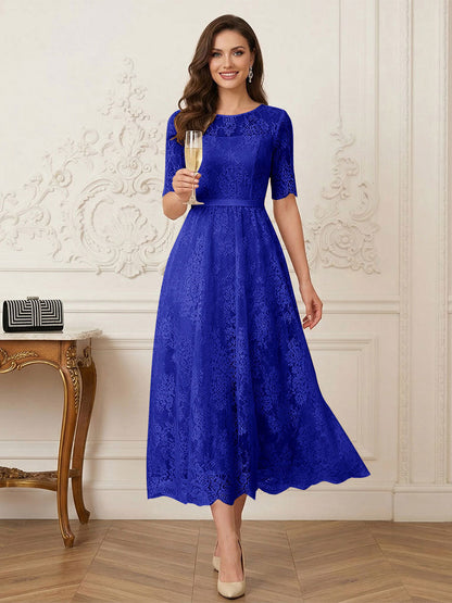 Robe Mère de la Mariée Ligne A Encolure Illusion Manches Mi-longues Longueur Thé avec Appliques & Ceinture