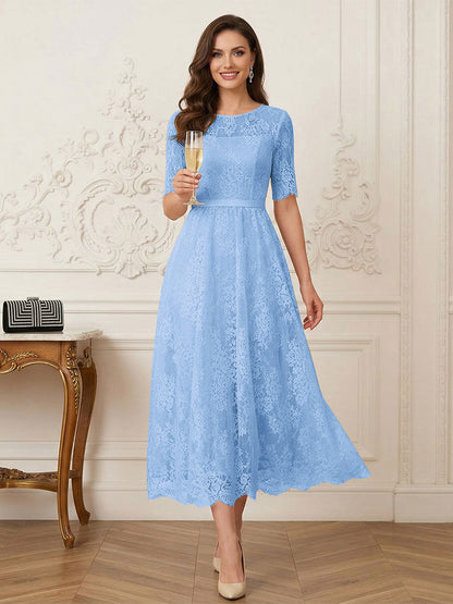 Robe Mère de la Mariée Ligne A Encolure Illusion Manches Mi-longues Longueur Thé avec Appliques & Ceinture