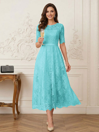 Robe Mère de la Mariée Ligne A Encolure Illusion Manches Mi-longues Longueur Thé avec Appliques & Ceinture