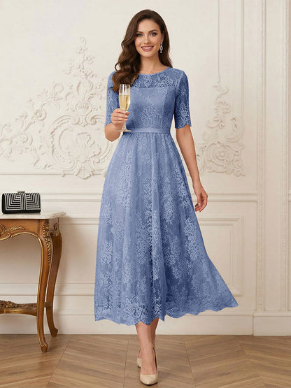 Robe Mère de la Mariée Ligne A Encolure Illusion Manches Mi-longues Longueur Thé avec Appliques & Ceinture