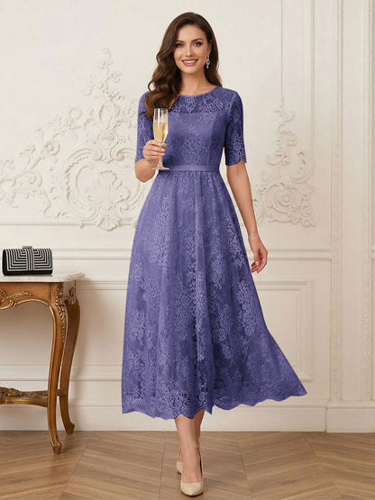 Robe Mère de la Mariée Ligne A Encolure Illusion Manches Mi-longues Longueur Thé avec Appliques & Ceinture