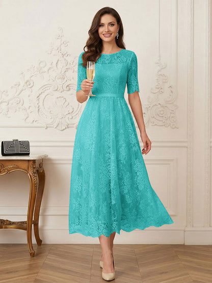Robe Mère de la Mariée Ligne A Encolure Illusion Manches Mi-longues Longueur Thé avec Appliques & Ceinture