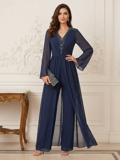 Combinaison Pantalon Mère de la Mariée Col en V Manches Longues Longueur au Sol avec Perles