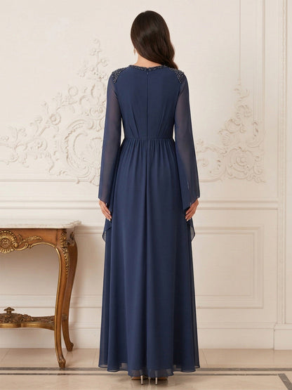 Combinaison Pantalon Mère de la Mariée Col en V Manches Longues Longueur au Sol avec Perles