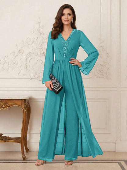 Combinaison Pantalon Mère de la Mariée Col en V Manches Longues Longueur au Sol avec Perles