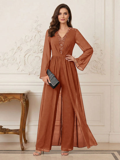 Combinaison Pantalon Mère de la Mariée Col en V Manches Longues Longueur au Sol avec Perles