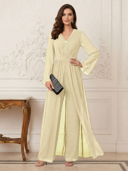 Combinaison Pantalon Mère de la Mariée Col en V Manches Longues Longueur au Sol avec Perles