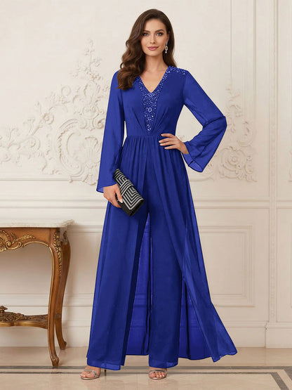 Combinaison Pantalon Mère de la Mariée Col en V Manches Longues Longueur au Sol avec Perles