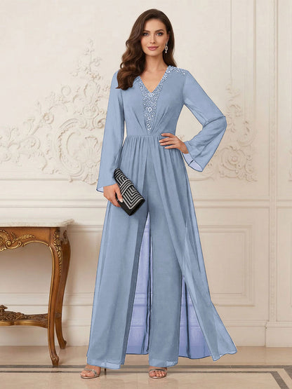 Combinaison Pantalon Mère de la Mariée Col en V Manches Longues Longueur au Sol avec Perles