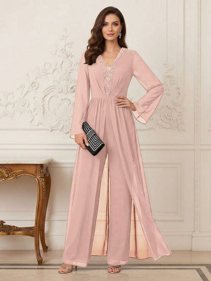Combinaison Pantalon Mère de la Mariée Col en V Manches Longues Longueur au Sol avec Perles
