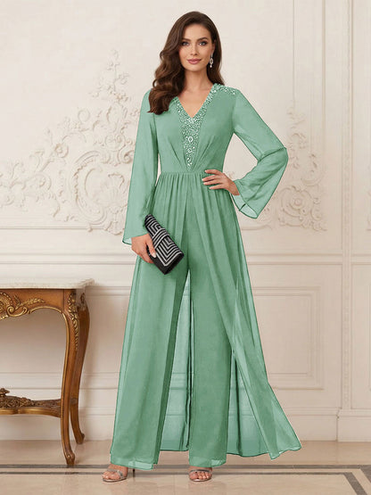 Combinaison Pantalon Mère de la Mariée Col en V Manches Longues Longueur au Sol avec Perles