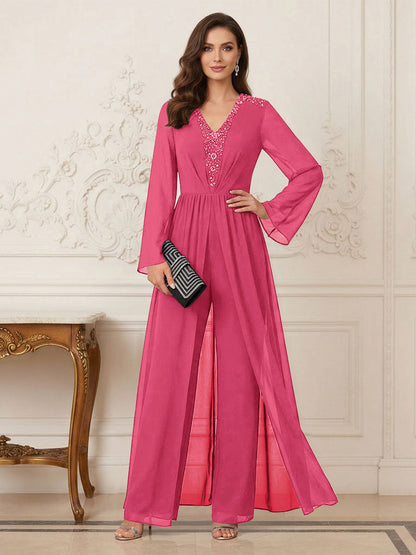 Combinaison Pantalon Mère de la Mariée Col en V Manches Longues Longueur au Sol avec Perles