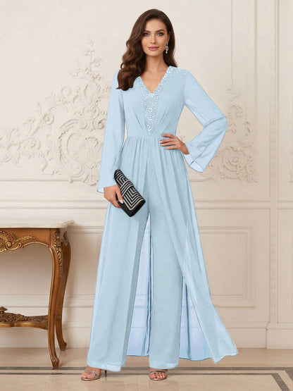 Combinaison Pantalon Mère de la Mariée Col en V Manches Longues Longueur au Sol avec Perles