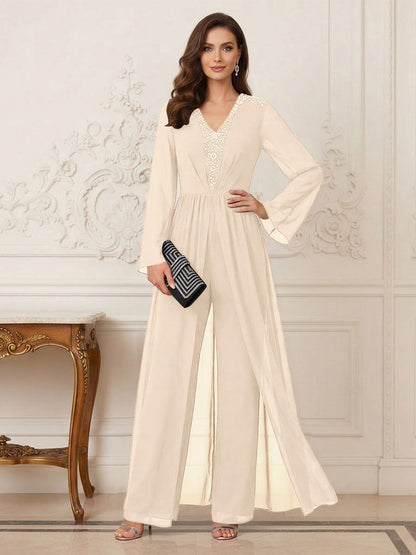 Combinaison Pantalon Mère de la Mariée Col en V Manches Longues Longueur au Sol avec Perles