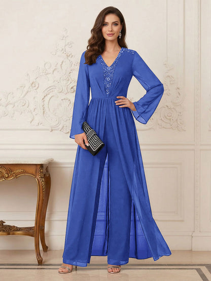 Combinaison Pantalon Mère de la Mariée Col en V Manches Longues Longueur au Sol avec Perles