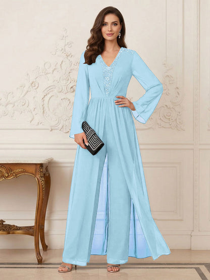 Combinaison Pantalon Mère de la Mariée Col en V Manches Longues Longueur au Sol avec Perles