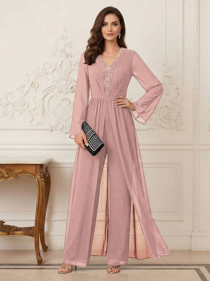 Combinaison Pantalon Mère de la Mariée Col en V Manches Longues Longueur au Sol avec Perles