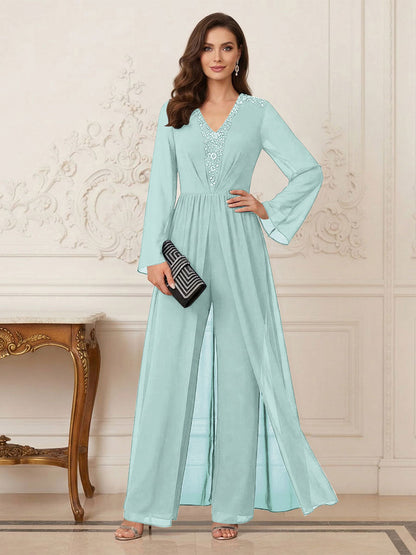 Combinaison Pantalon Mère de la Mariée Col en V Manches Longues Longueur au Sol avec Perles