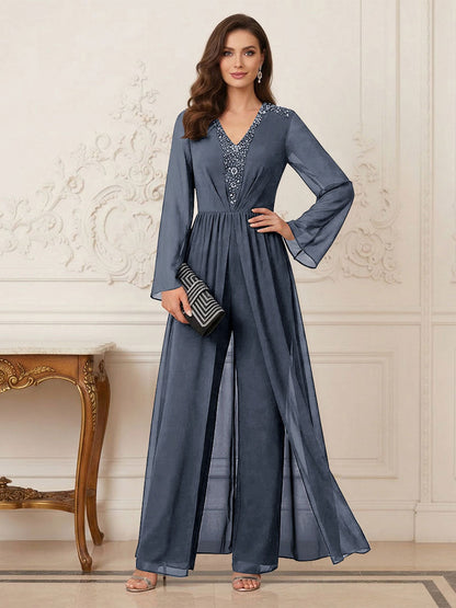 Combinaison Pantalon Mère de la Mariée Col en V Manches Longues Longueur au Sol avec Perles