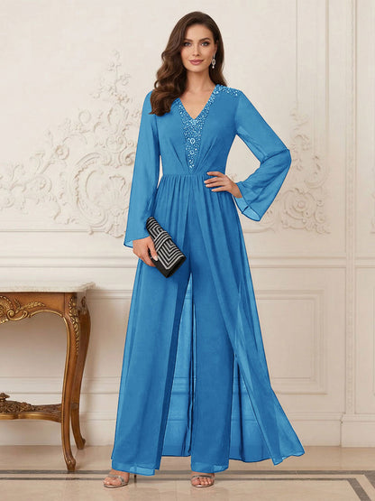 Combinaison Pantalon Mère de la Mariée Col en V Manches Longues Longueur au Sol avec Perles