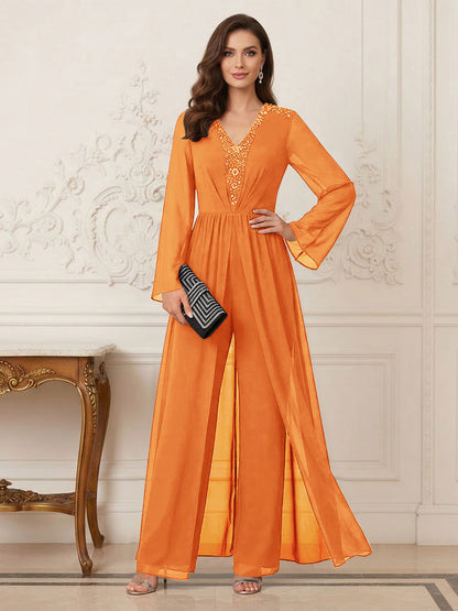 Combinaison Pantalon Mère de la Mariée Col en V Manches Longues Longueur au Sol avec Perles