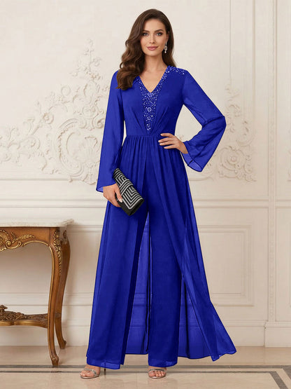 Combinaison Pantalon Mère de la Mariée Col en V Manches Longues Longueur au Sol avec Perles