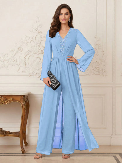 Combinaison Pantalon Mère de la Mariée Col en V Manches Longues Longueur au Sol avec Perles
