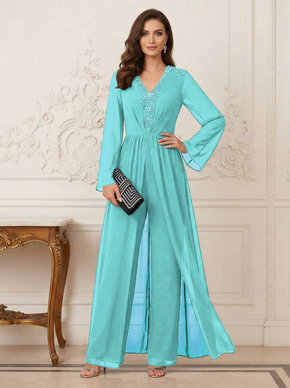 Combinaison Pantalon Mère de la Mariée Col en V Manches Longues Longueur au Sol avec Perles