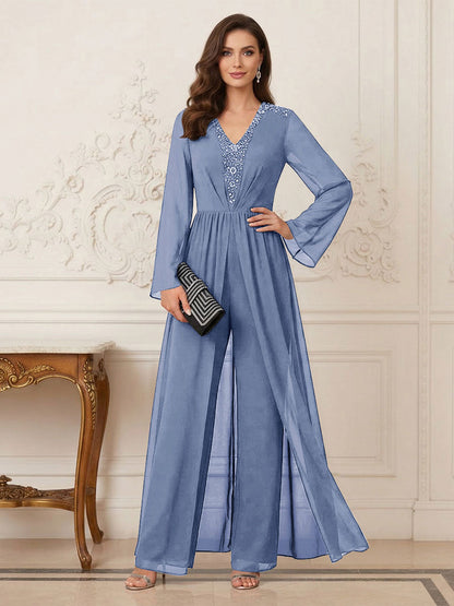 Combinaison Pantalon Mère de la Mariée Col en V Manches Longues Longueur au Sol avec Perles