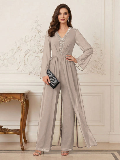 Combinaison Pantalon Mère de la Mariée Col en V Manches Longues Longueur au Sol avec Perles