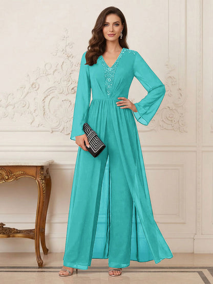 Combinaison Pantalon Mère de la Mariée Col en V Manches Longues Longueur au Sol avec Perles