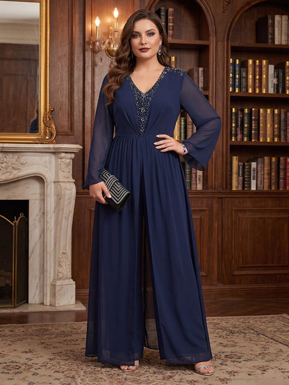 Combinaison Pantalon Grande Taille Mère de la Mariée Col en V à Manches Longues Longueur Sol avec Perles