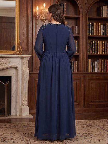 Combinaison Pantalon Grande Taille Mère de la Mariée Col en V à Manches Longues Longueur Sol avec Perles