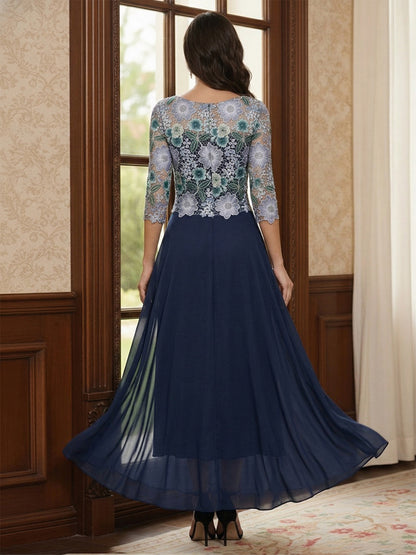 Robe Mère de la Mariée Ligne A Asymétrique Col Rond Manches 3/4 avec Fleur & Broderie