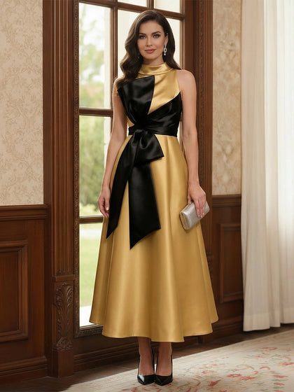 Robe Mère de la Mariée Ligne A Col Rond Sans Manches Longueur Cheville avec Nœud Papillon
