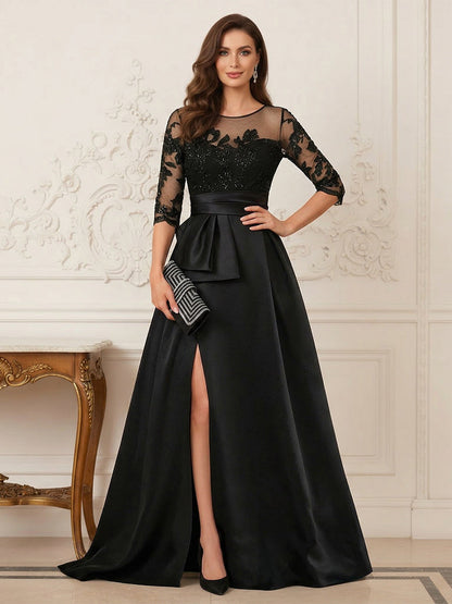 Robe Mère de la Mariée Ligne A Col Rond Manches 3/4 Longueur au Sol avec Fente Latérale & Appliques