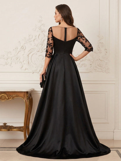 Robe Mère de la Mariée Ligne A Col Rond Manches 3/4 Longueur au Sol avec Fente Latérale & Appliques