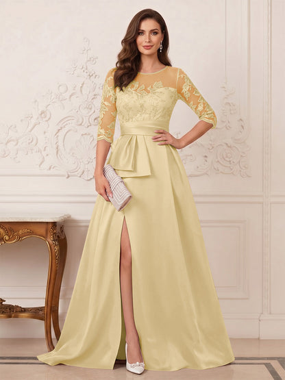 Robe Mère de la Mariée Ligne A Col Rond Manches 3/4 Longueur au Sol avec Fente Latérale & Appliques