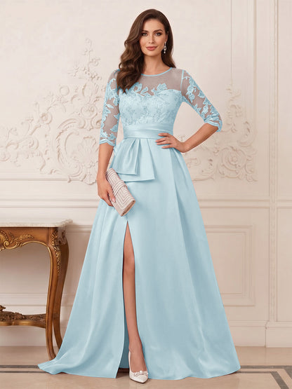Robe Mère de la Mariée Ligne A Col Rond Manches 3/4 Longueur au Sol avec Fente Latérale & Appliques