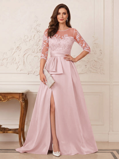 Robe Mère de la Mariée Ligne A Col Rond Manches 3/4 Longueur au Sol avec Fente Latérale & Appliques