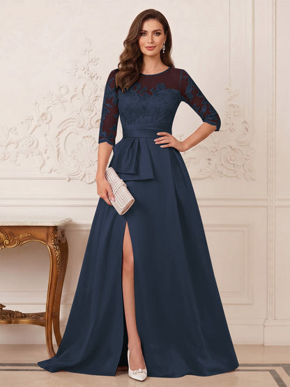Robe Mère de la Mariée Ligne A Col Rond Manches 3/4 Longueur au Sol avec Fente Latérale & Appliques