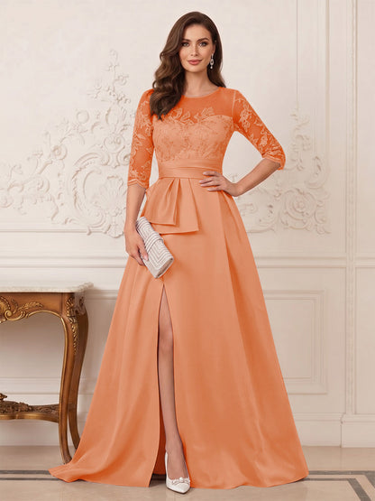 Robe Mère de la Mariée Ligne A Col Rond Manches 3/4 Longueur au Sol avec Fente Latérale & Appliques