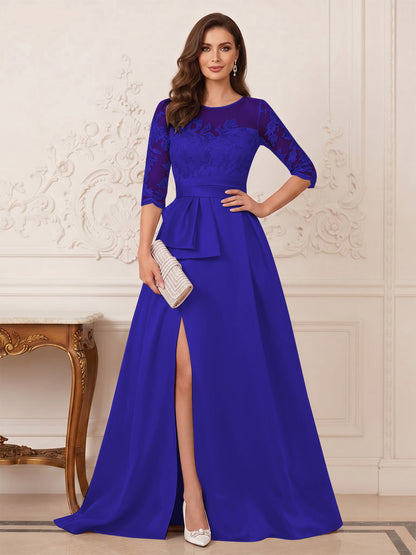 Robe Mère de la Mariée Ligne A Col Rond Manches 3/4 Longueur au Sol avec Fente Latérale & Appliques