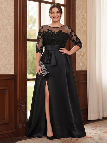 Robe Mère de la Mariée Grande Taille A-Ligne Col Rond à Manches 3/4 Longueur Sol, Fendue avec Appliques