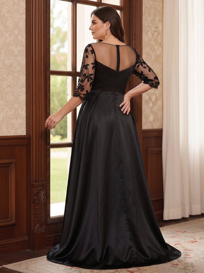 Robe Mère de la Mariée Grande Taille A-Ligne Col Rond à Manches 3/4 Longueur Sol, Fendue avec Appliques