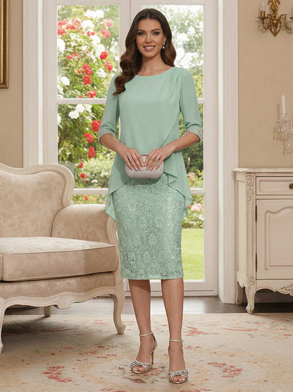 Robe Mère de la Mariée Fourreau Col Rond Manches Mi-longues Longueur Genou en Dentelle Plissée