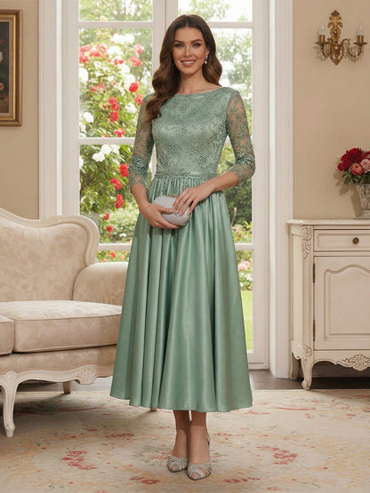 Robe Mère de la Mariée Ligne A Col Rond Manches 3/4 Longueur Thé avec Appliques & Perles