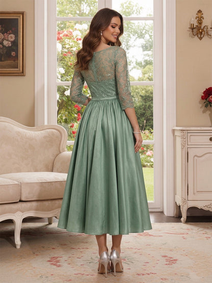 Robe Mère de la Mariée Ligne A Col Rond Manches 3/4 Longueur Thé avec Appliques & Perles